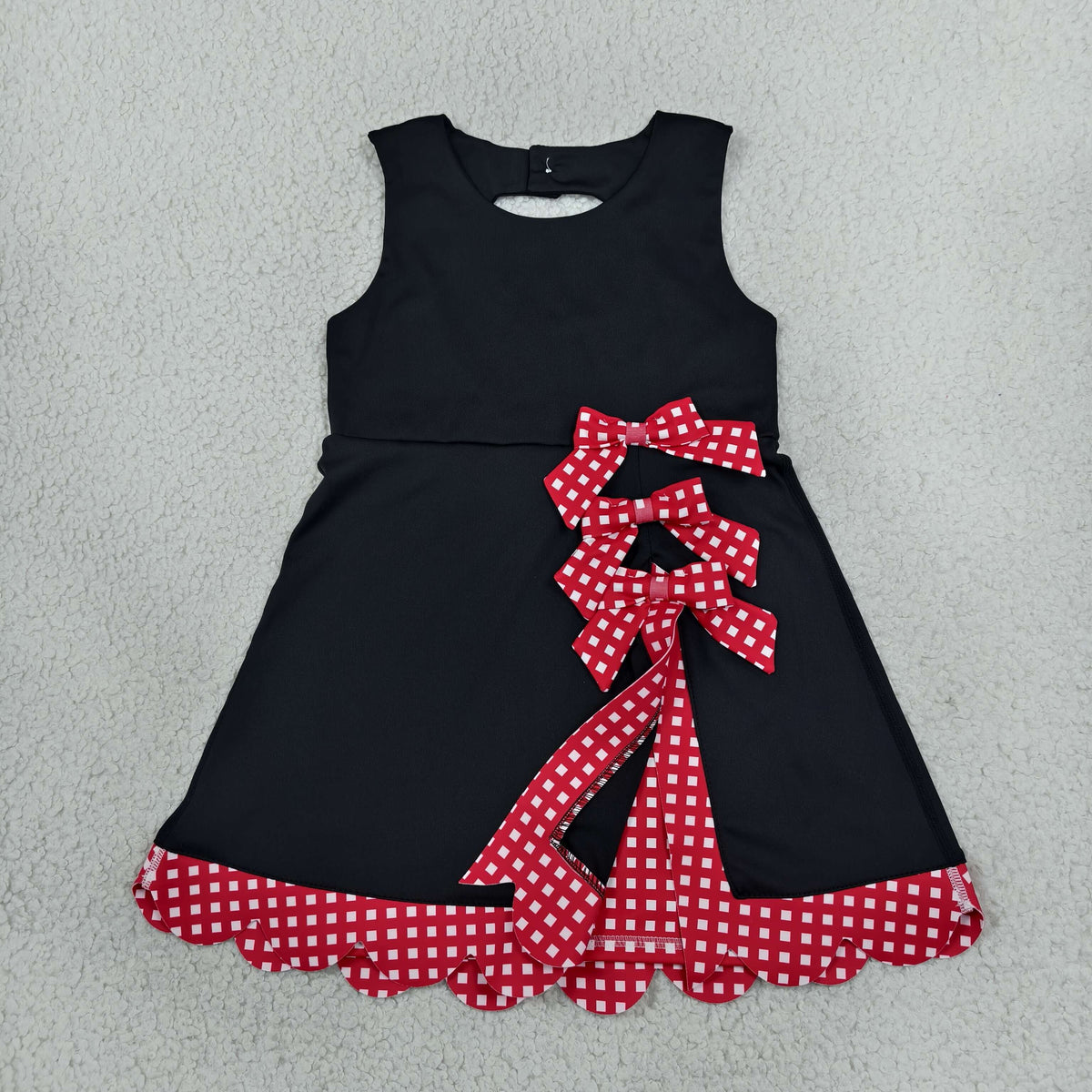 RTS NO MOQ （In stock）yoga fabric GSD4263 Yoga Baby Girls Black Red Scallop Trim Short Sleeve Knee Length Sport Dress