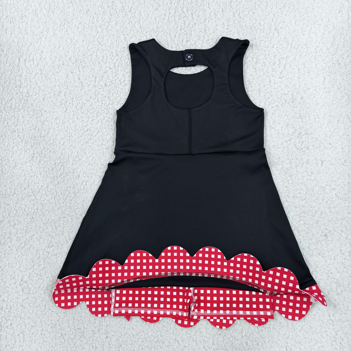 RTS NO MOQ （In stock）yoga fabric GSD4263 Yoga Baby Girls Black Red Scallop Trim Short Sleeve Knee Length Sport Dress