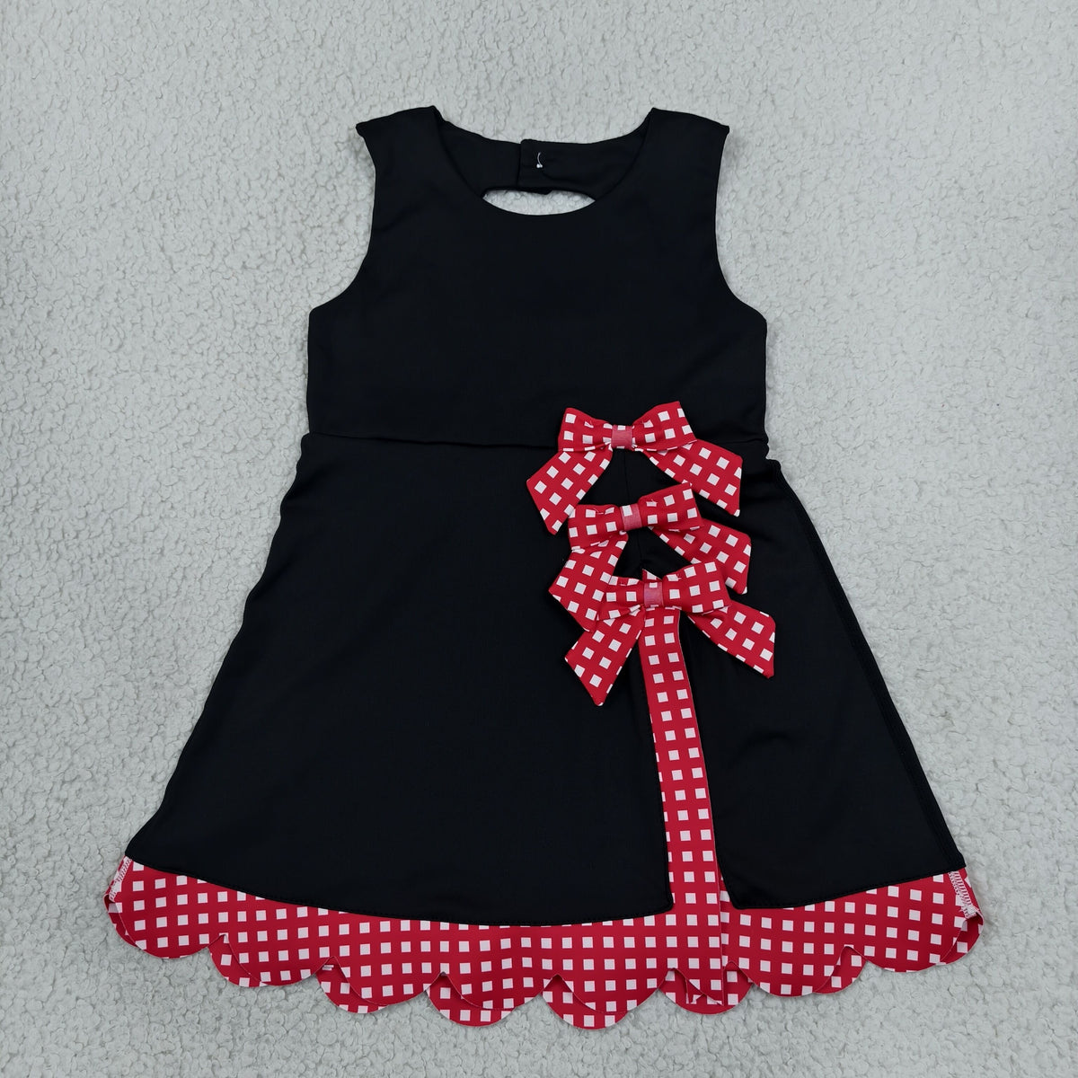 RTS NO MOQ （In stock）yoga fabric GSD4263 Yoga Baby Girls Black Red Scallop Trim Short Sleeve Knee Length Sport Dress