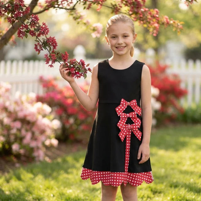 RTS NO MOQ （In stock）yoga fabric GSD4263 Yoga Baby Girls Black Red Scallop Trim Short Sleeve Knee Length Sport Dress