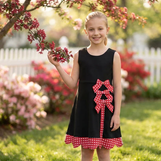 RTS NO MOQ （In stock）yoga fabric GSD4263 Yoga Baby Girls Black Red Scallop Trim Short Sleeve Knee Length Sport Dress