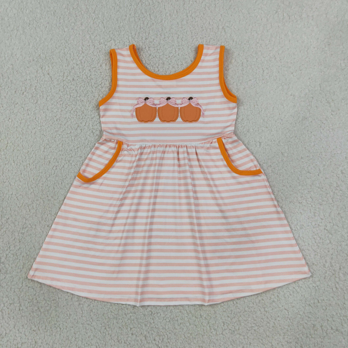 GSD4265 RTS NO MOQ （In stock）Embroidery Bow Pumpkins Baby Girls Pink Stripe Pockets Fall Knee Length Dress