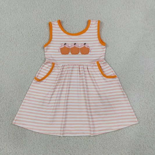 GSD4265 RTS NO MOQ （In stock）Embroidery Bow Pumpkins Baby Girls Pink Stripe Pockets Fall Knee Length Dress