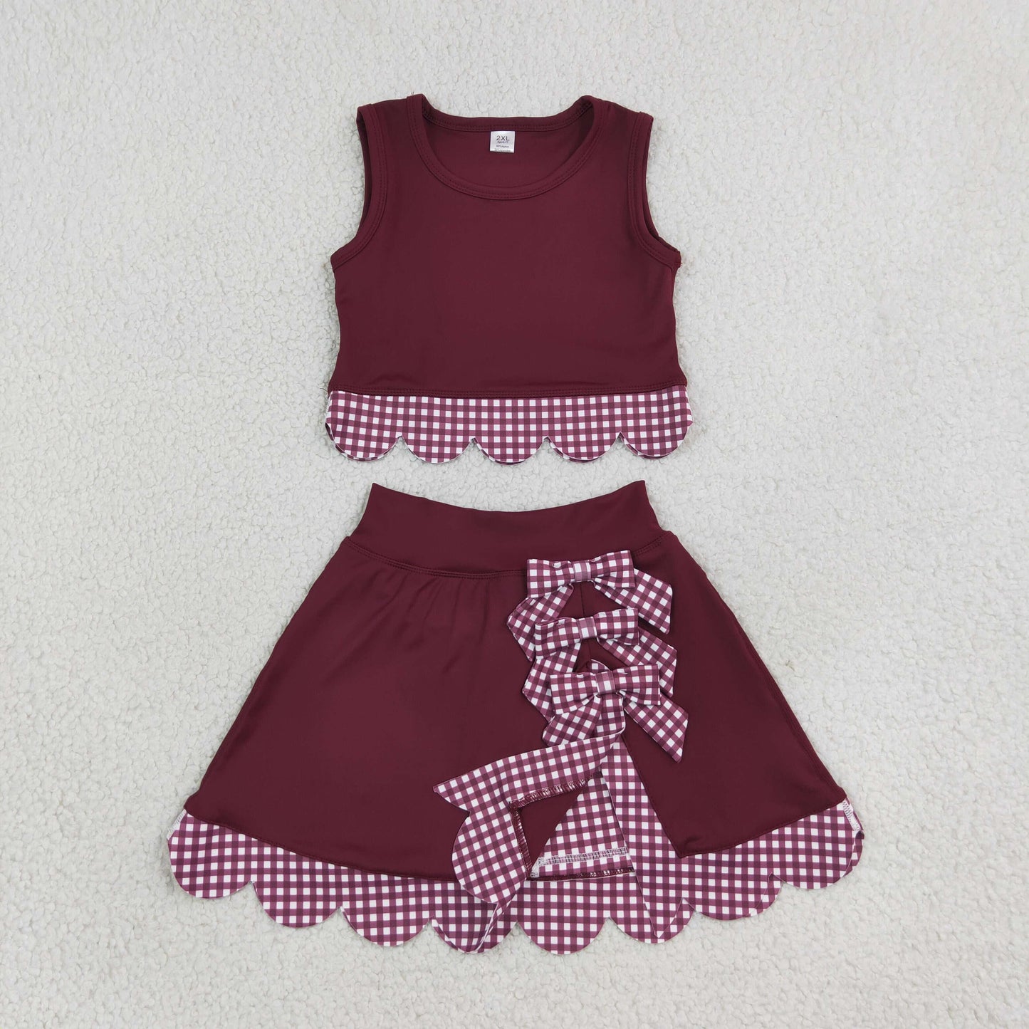 RTS NO MOQ （In stock）GSD4266 Yoga Sleeveless maroon plaid scallop girls summer active wear set