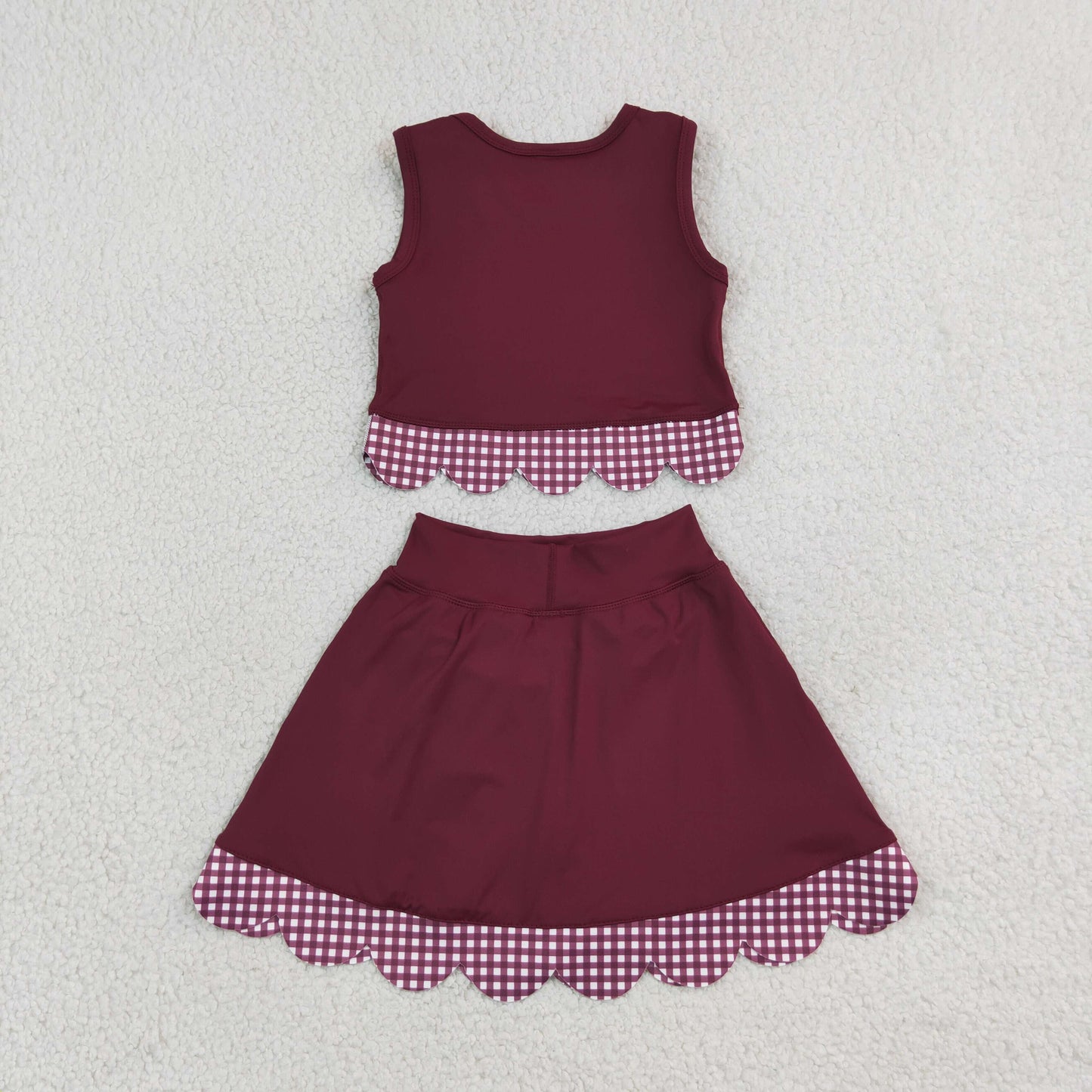 RTS NO MOQ （In stock）GSD4266 Yoga Sleeveless maroon plaid scallop girls summer active wear set