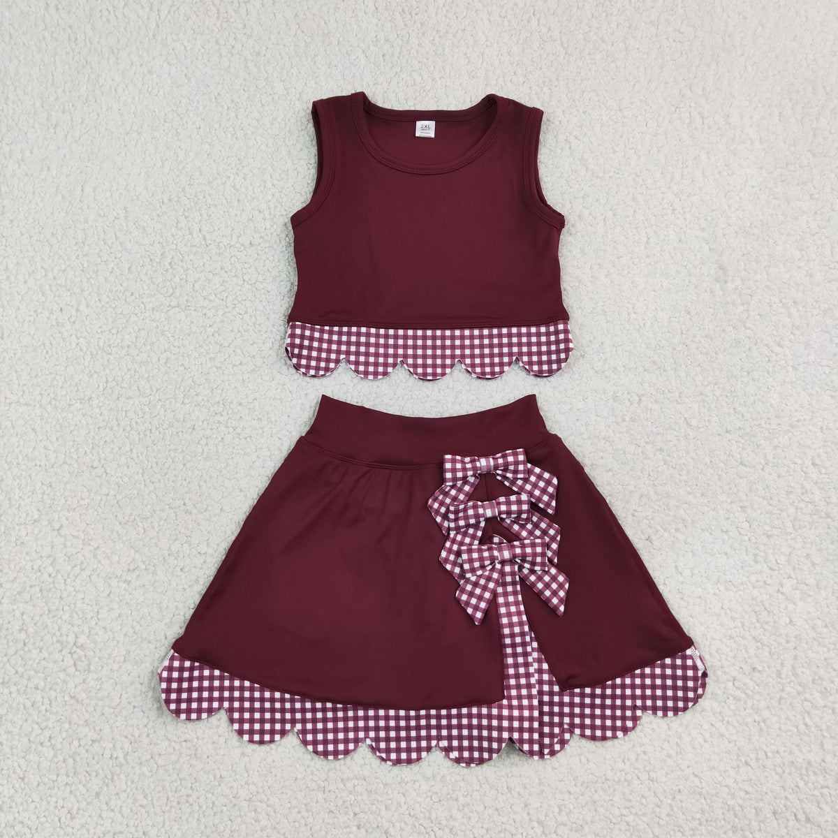 RTS NO MOQ （In stock）GSD4266 Yoga Sleeveless maroon plaid scallop girls summer active wear set