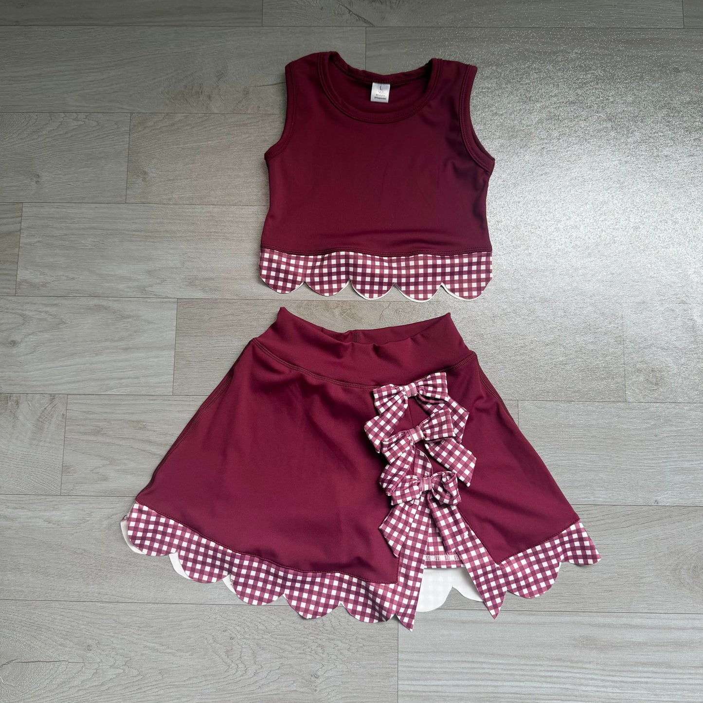 GSD4266 Sample No Moq Yoga Sleeveless maroon plaid scallop girls summer active wear set