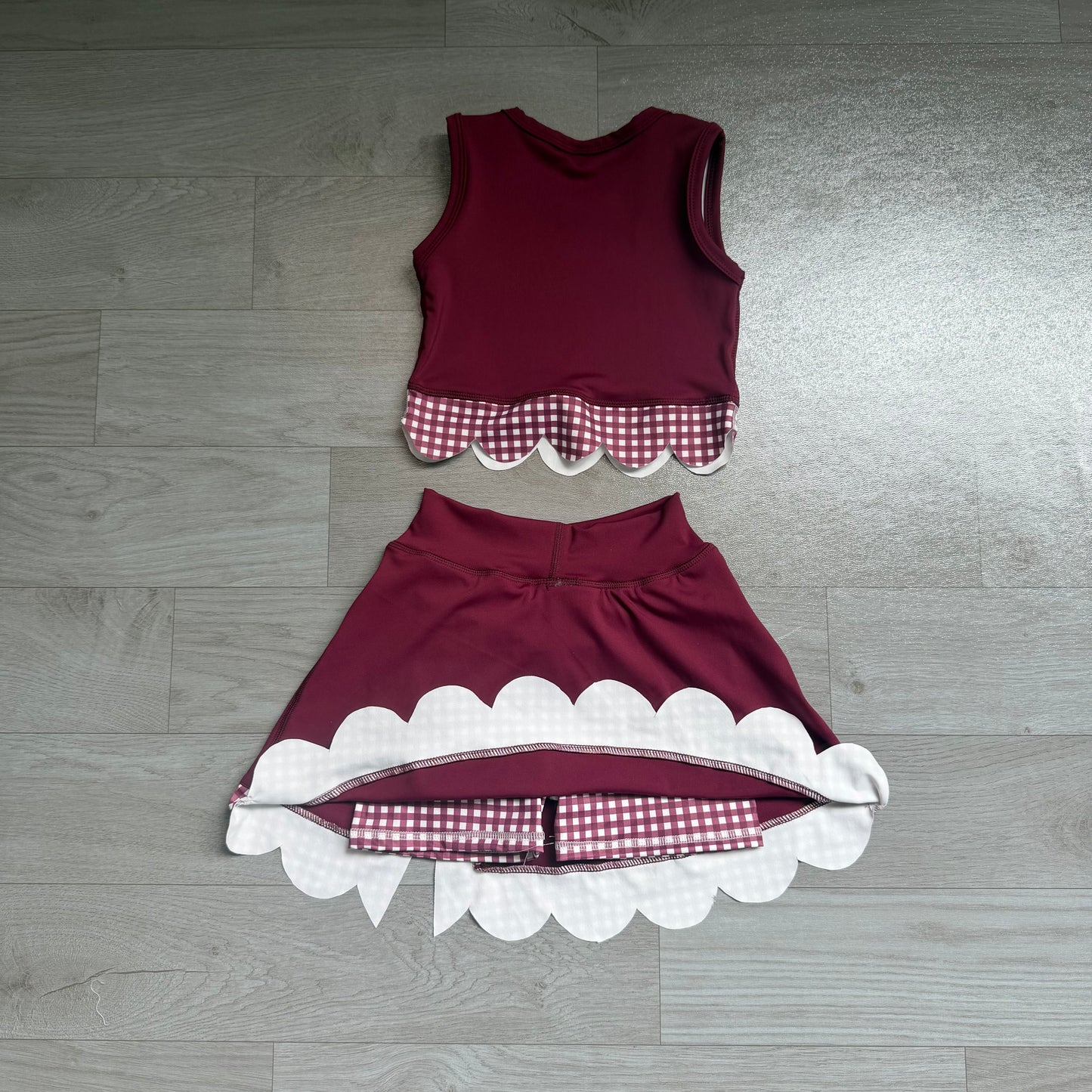 GSD4266 Sample No Moq Yoga Sleeveless maroon plaid scallop girls summer active wear set