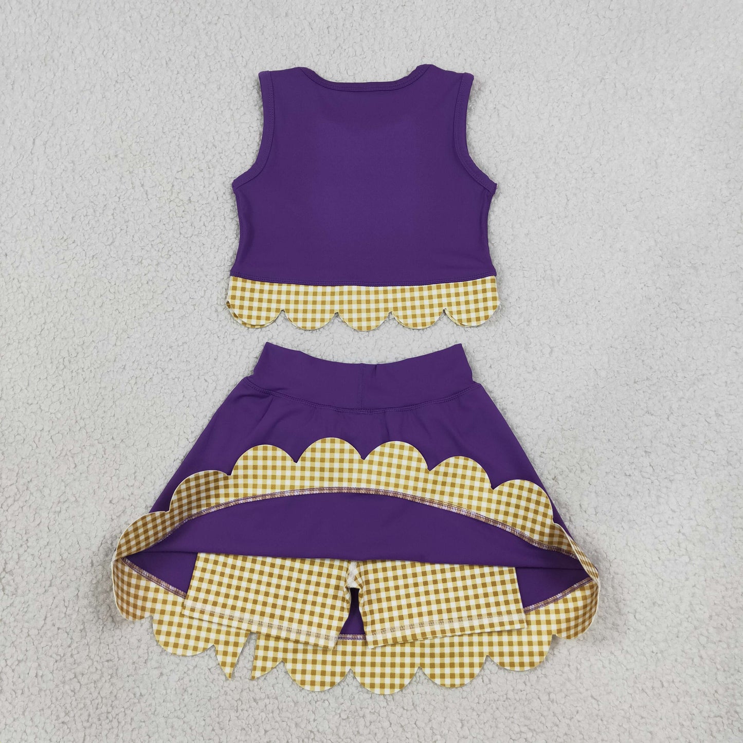 RTS NO MOQ （In stock）yoga fabric GSD4267 Yoga Baby Girls Purple Yellow Vest Bows Skirt Short Yoga Active Scallop Set