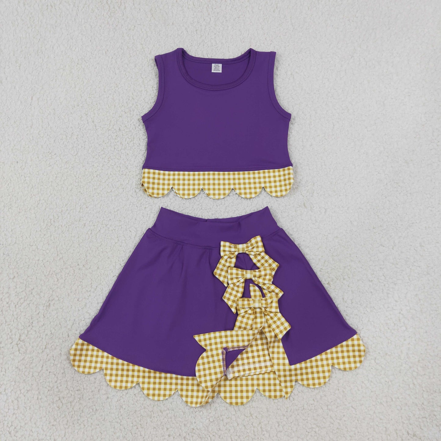 RTS NO MOQ （In stock）yoga fabric GSD4267 Yoga Baby Girls Purple Yellow Vest Bows Skirt Short Yoga Active Scallop Set