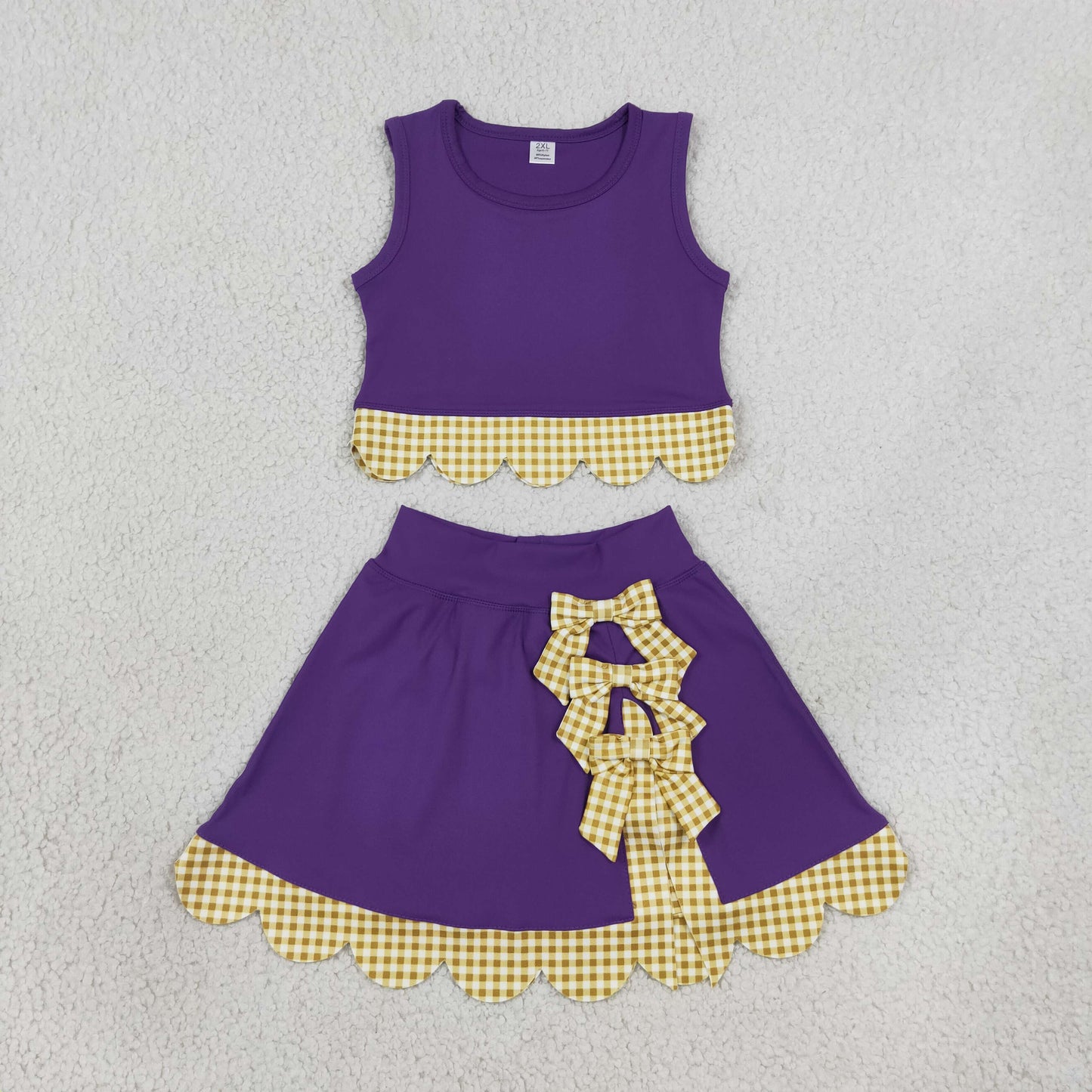 RTS NO MOQ （In stock）yoga fabric GSD4267 Yoga Baby Girls Purple Yellow Vest Bows Skirt Short Yoga Active Scallop Set