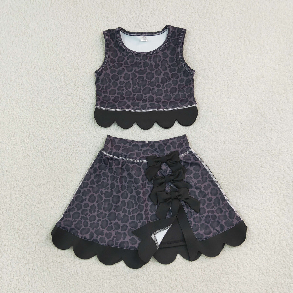 RTS NO MOQ （In stock）GSD4268 Yoga Sleeveless black leopard scallop top skirt girls active set