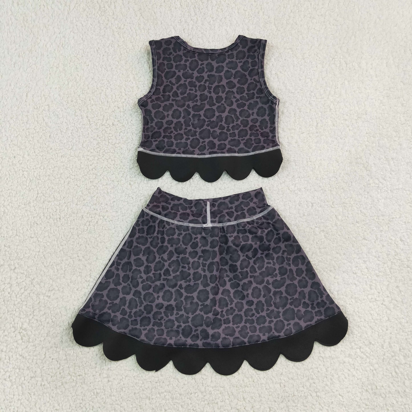 RTS NO MOQ （In stock）GSD4268 Yoga Sleeveless black leopard scallop top skirt girls active set