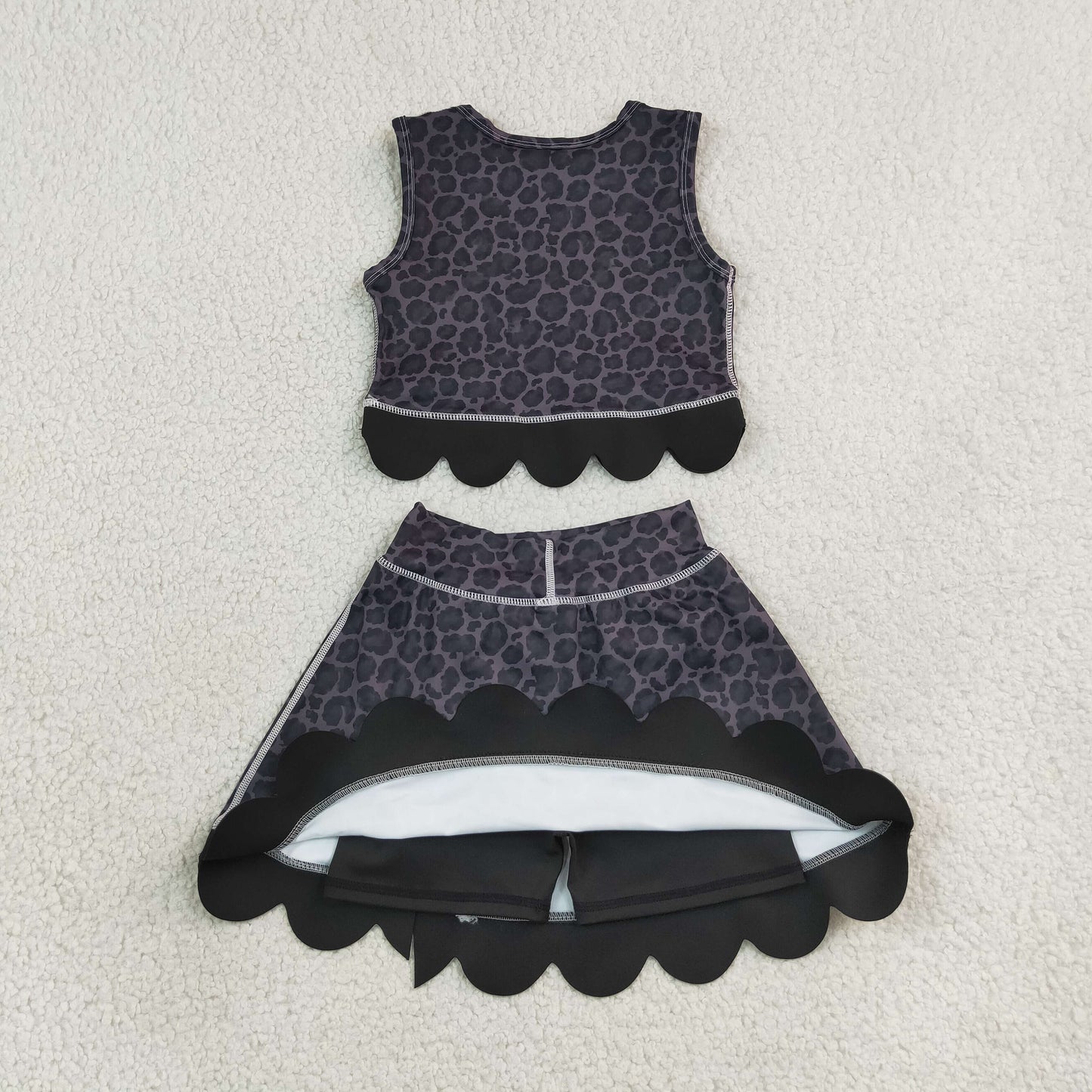 RTS NO MOQ （In stock）GSD4268 Yoga Sleeveless black leopard scallop top skirt girls active set