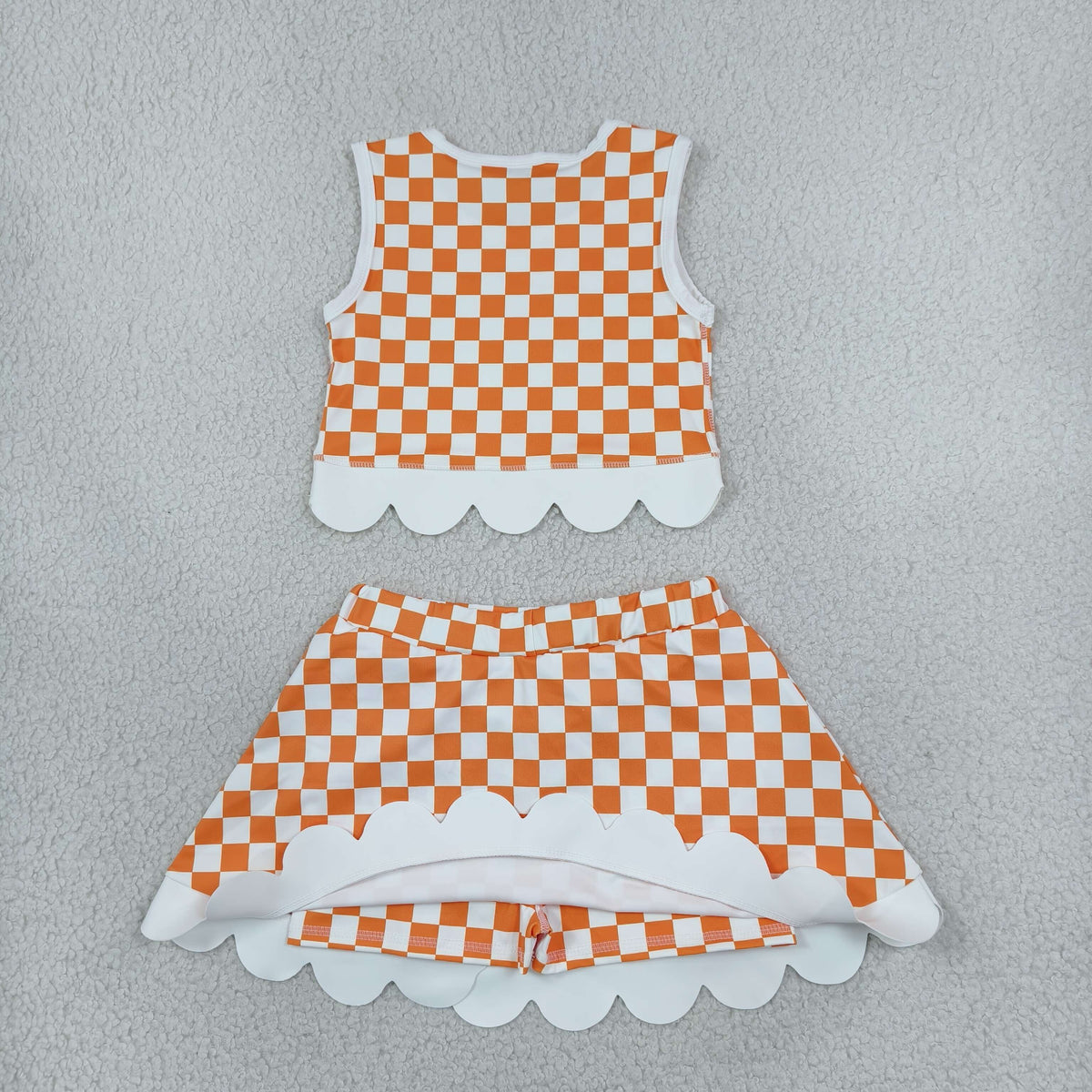 RTS NO MOQ （In stock）yoga fabric GSD4282 Yoga Baby Girls Orange Checked Bows Scallop Trim Skirt Short Yoga Active Team Outfit Set