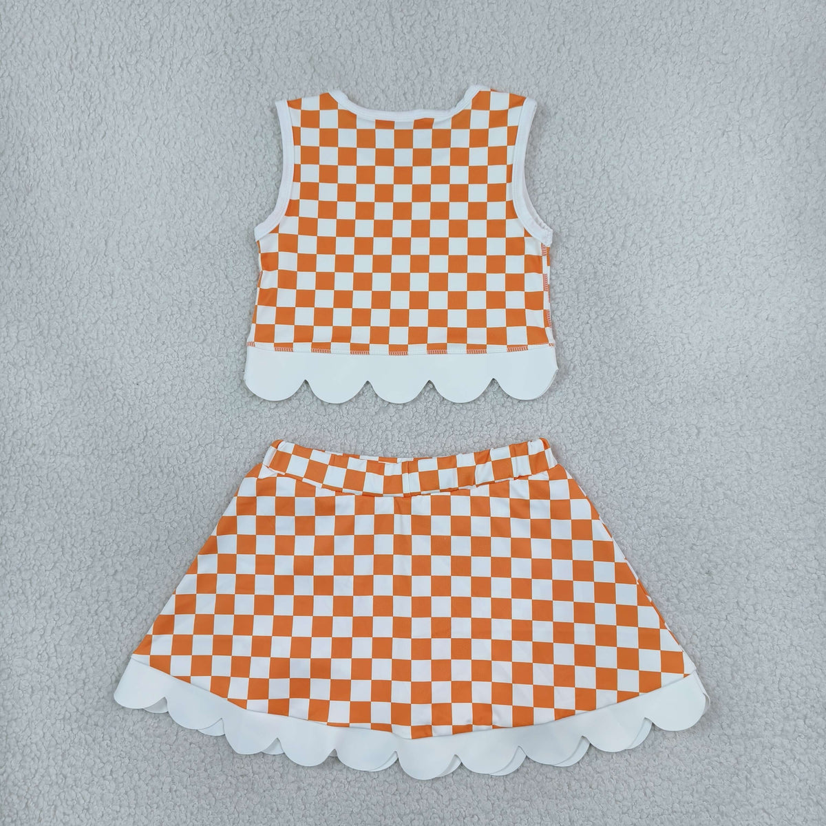 RTS NO MOQ （In stock）yoga fabric GSD4282 Yoga Baby Girls Orange Checked Bows Scallop Trim Skirt Short Yoga Active Team Outfit Set