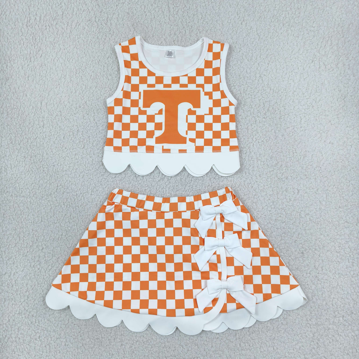 RTS NO MOQ （In stock）yoga fabric GSD4282 Yoga Baby Girls Orange Checked Bows Scallop Trim Skirt Short Yoga Active Team Outfit Set