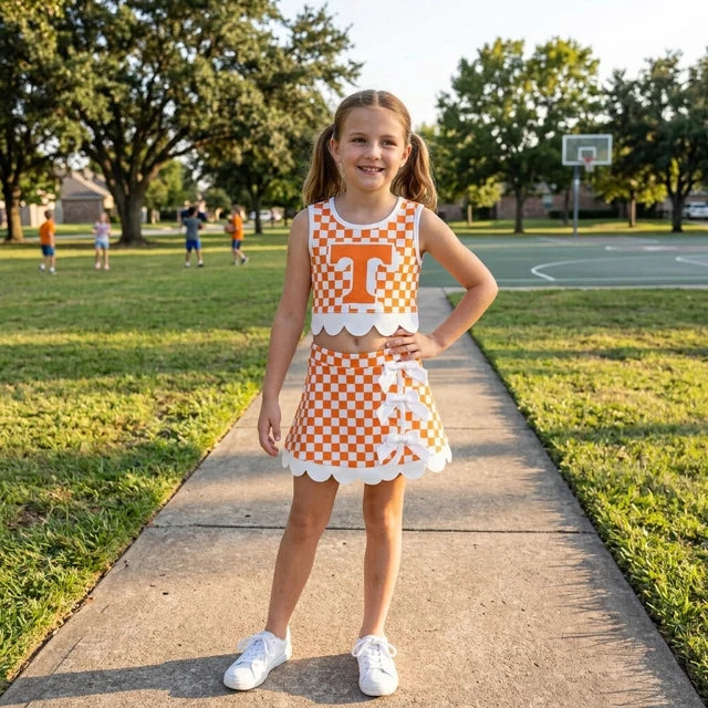 RTS NO MOQ （In stock）yoga fabric GSD4282 Yoga Baby Girls Orange Checked Bows Scallop Trim Skirt Short Yoga Active Team Outfit Set