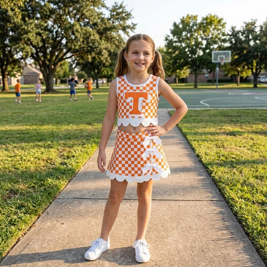 RTS NO MOQ （In stock）yoga fabric GSD4282 Yoga Baby Girls Orange Checked Bows Scallop Trim Skirt Short Yoga Active Team Outfit Set