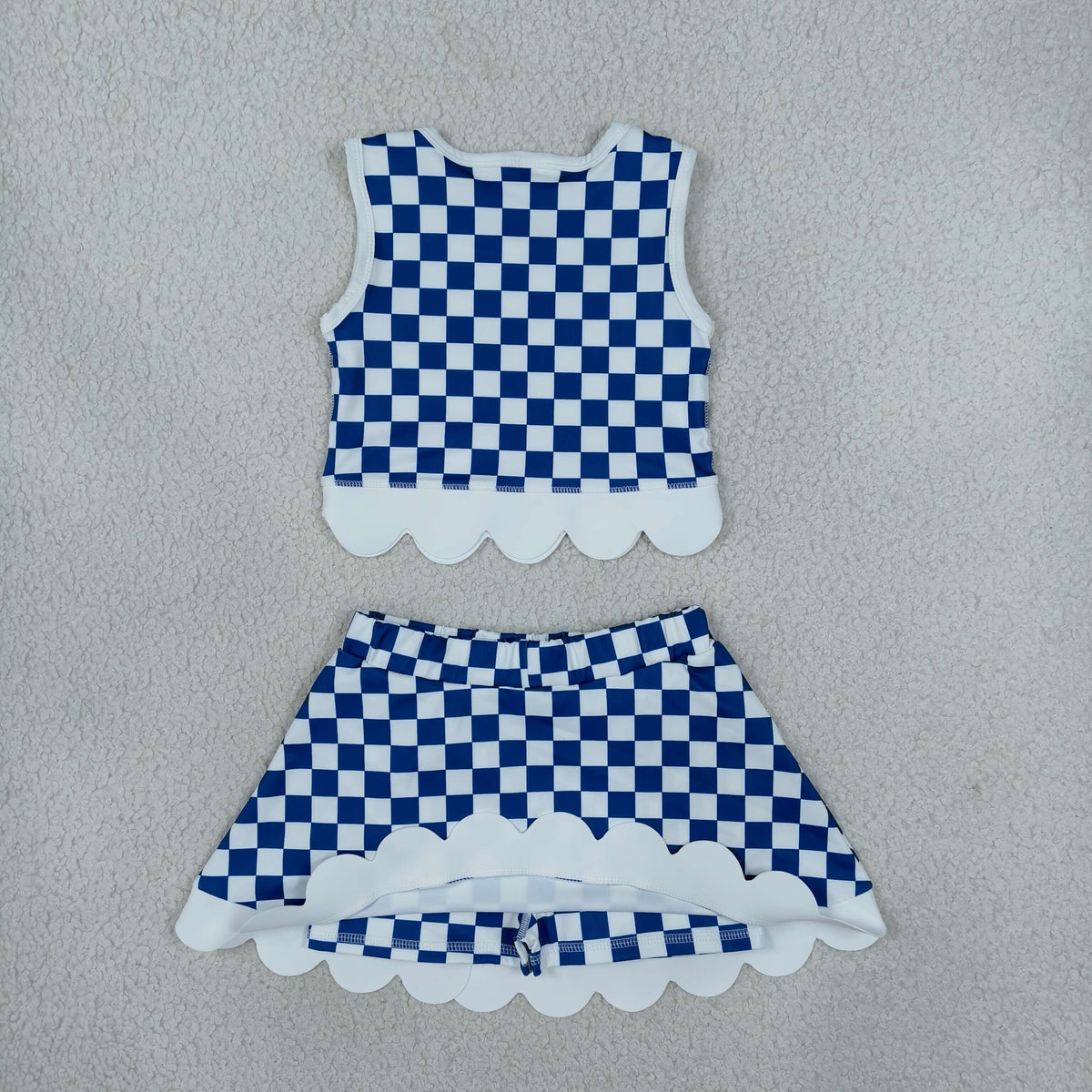 RTS NO MOQ （In stock）yoga fabric GSD4283 Yoga Baby Girls Blue Checked Vest Bows Skirt Short Scallop Yoga Set