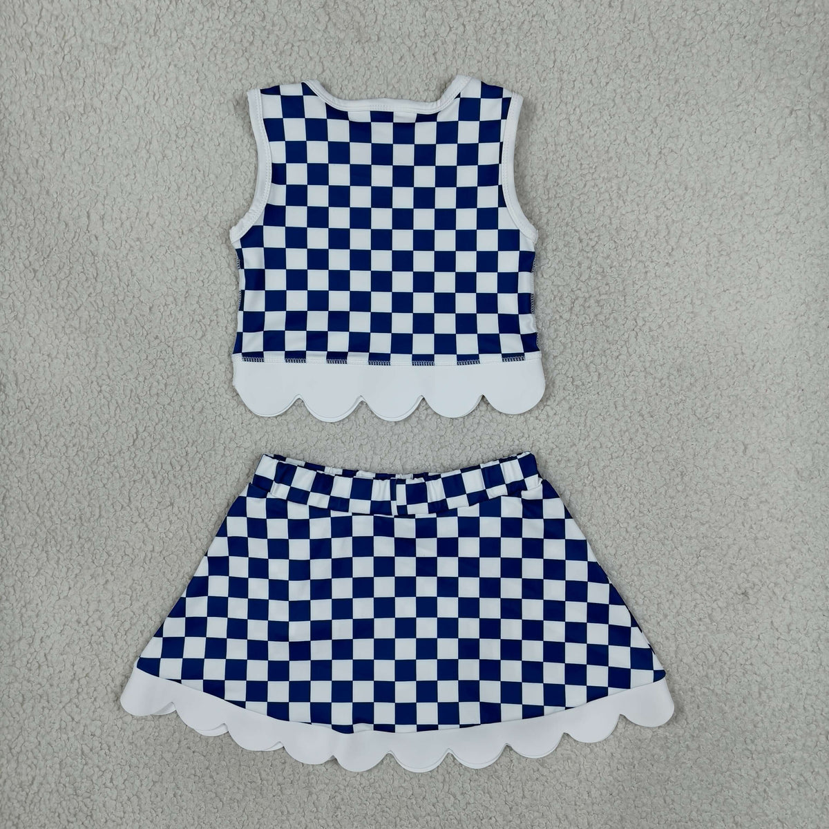 RTS NO MOQ （In stock）yoga fabric GSD4283 Yoga Baby Girls Blue Checked Vest Bows Skirt Short Scallop Yoga Set