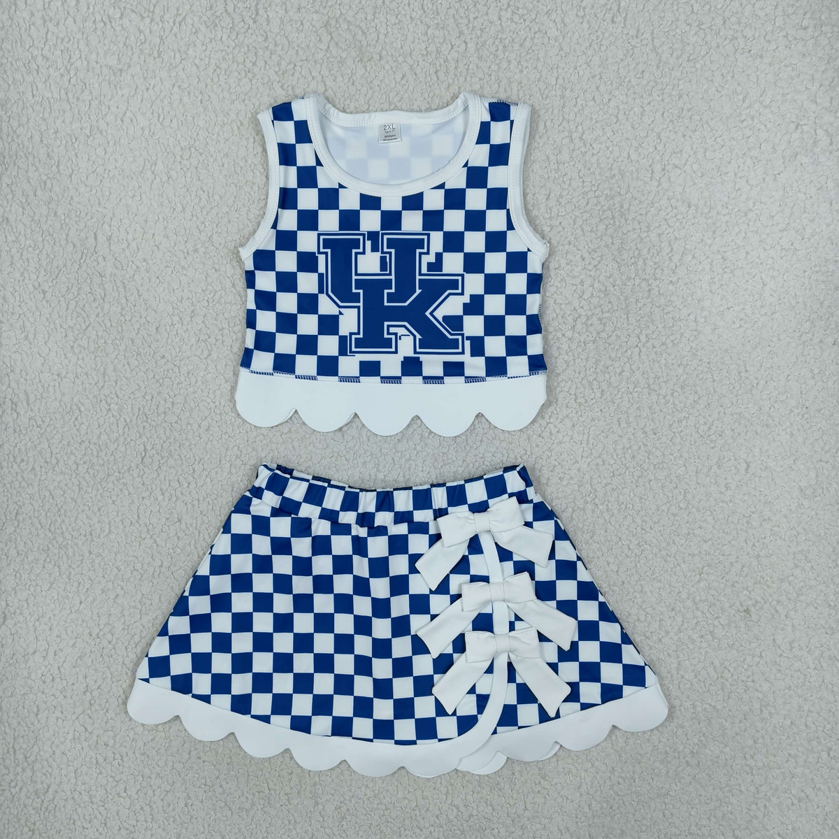 RTS NO MOQ （In stock）yoga fabric GSD4283 Yoga Baby Girls Blue Checked Vest Bows Skirt Short Scallop Yoga Set