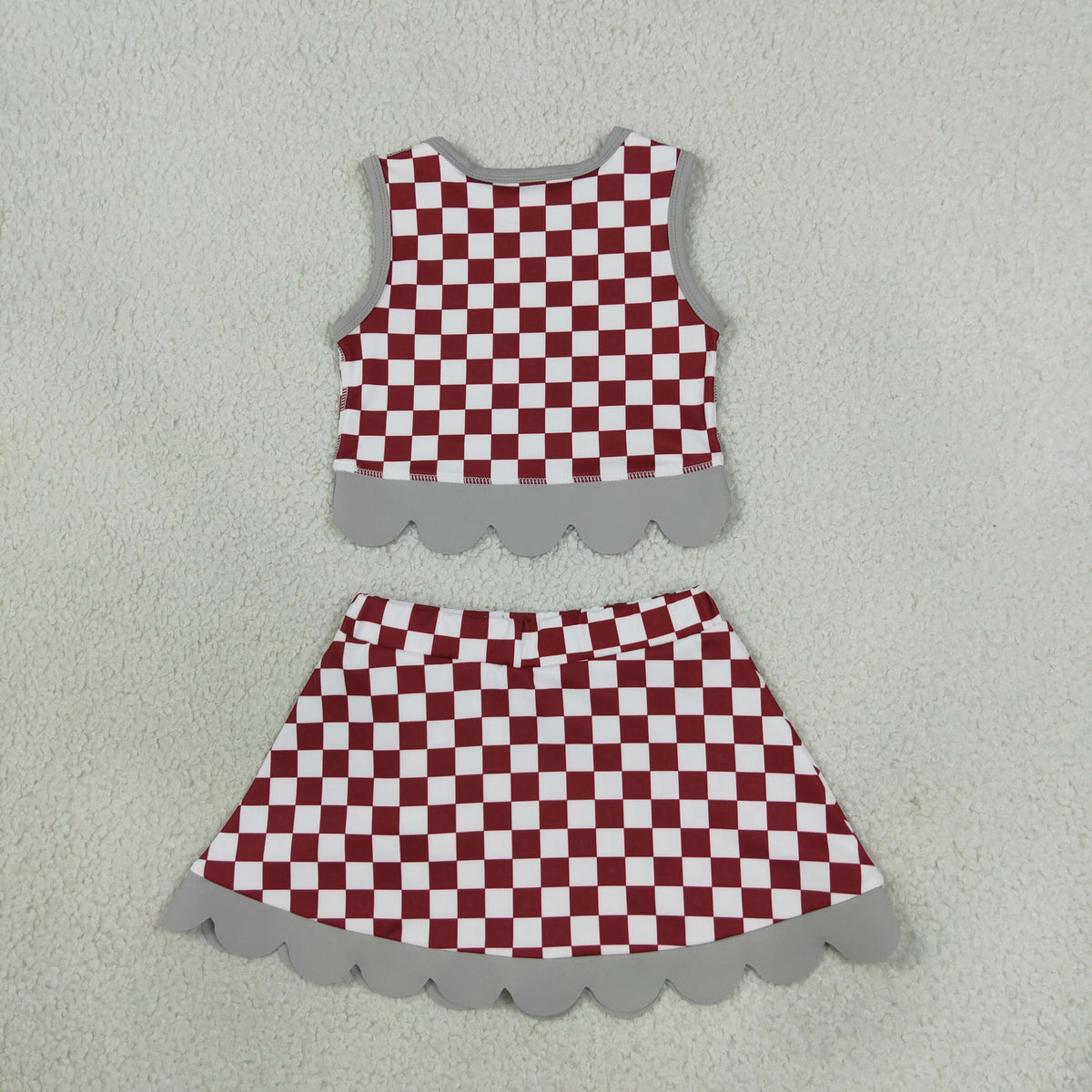 RTS NO MOQ （In stock）GSD4284 yoga fabric Baby Girls Red Checked Bows Skirt Short Yoga Active Team Scallop Clothes Set