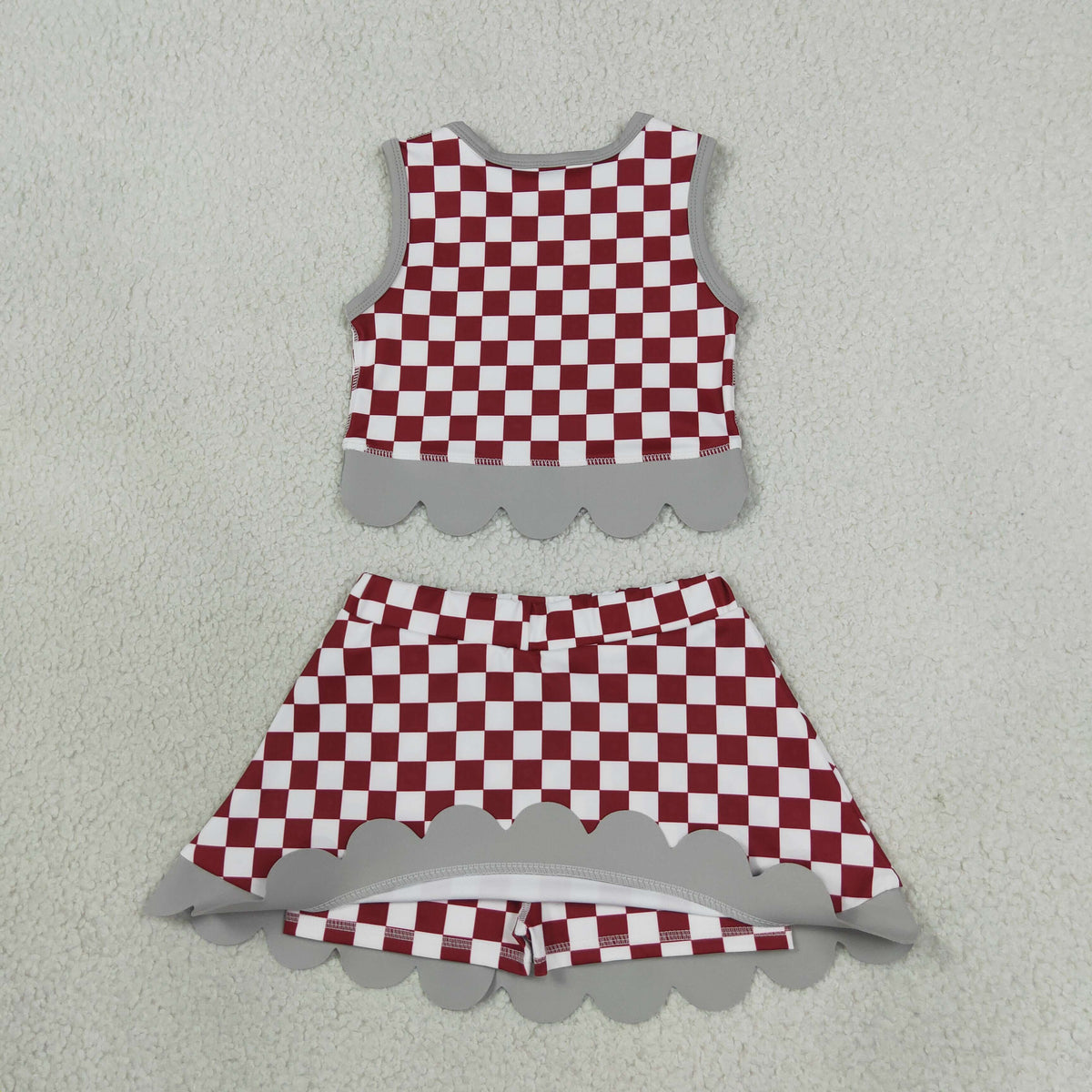 RTS NO MOQ （In stock）GSD4284 yoga fabric Baby Girls Red Checked Bows Skirt Short Yoga Active Team Scallop Clothes Set