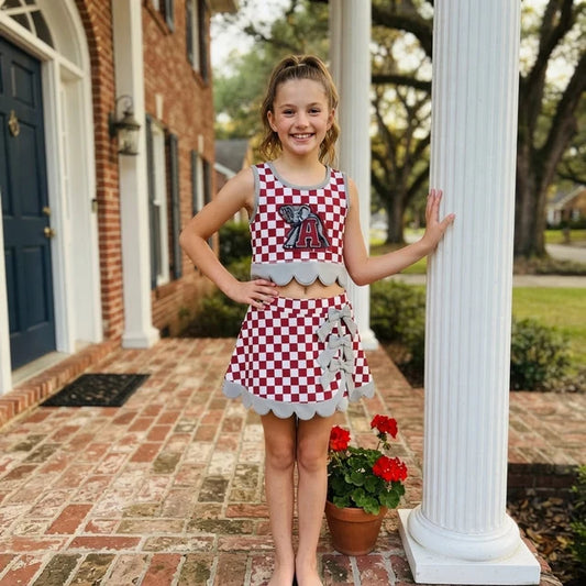 RTS NO MOQ （In stock）GSD4284 yoga fabric Baby Girls Red Checked Bows Skirt Short Yoga Active Team Scallop Clothes Set