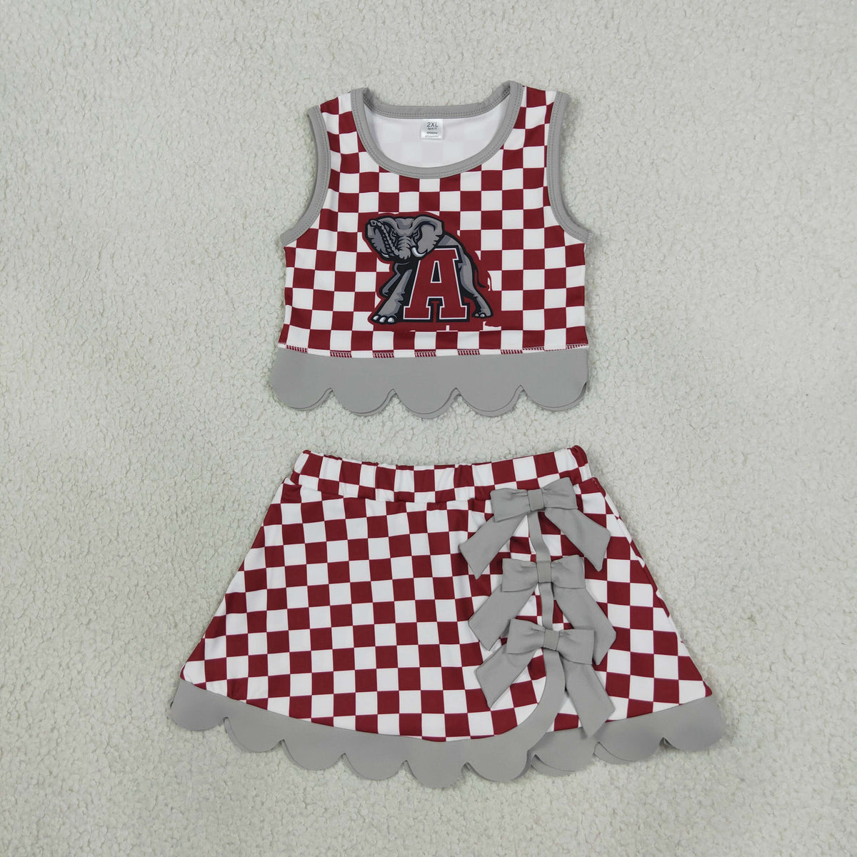 RTS NO MOQ （In stock）GSD4284 yoga fabric Baby Girls Red Checked Bows Skirt Short Yoga Active Team Scallop Clothes Set