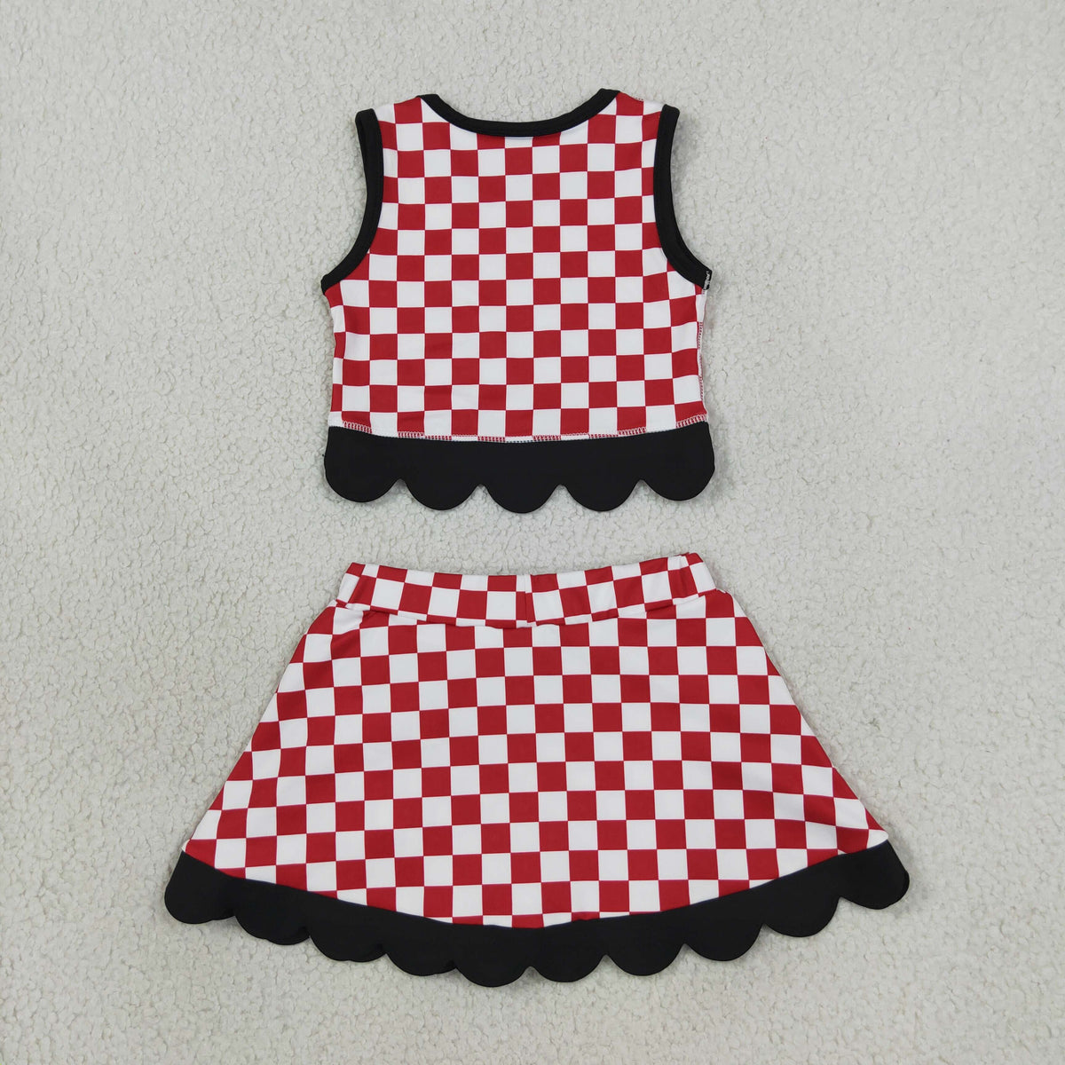 RTS NO MOQ yoga fabric GSD4287 Yoga Baby Girls Checked Top Bows Skirt Short Scallop Team Set