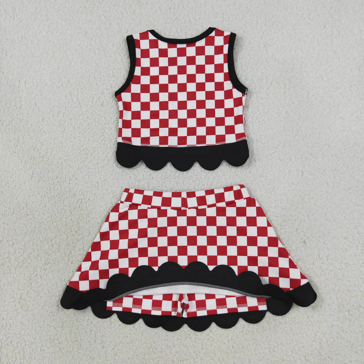 RTS NO MOQ yoga fabric GSD4287 Yoga Baby Girls Checked Top Bows Skirt Short Scallop Team Set