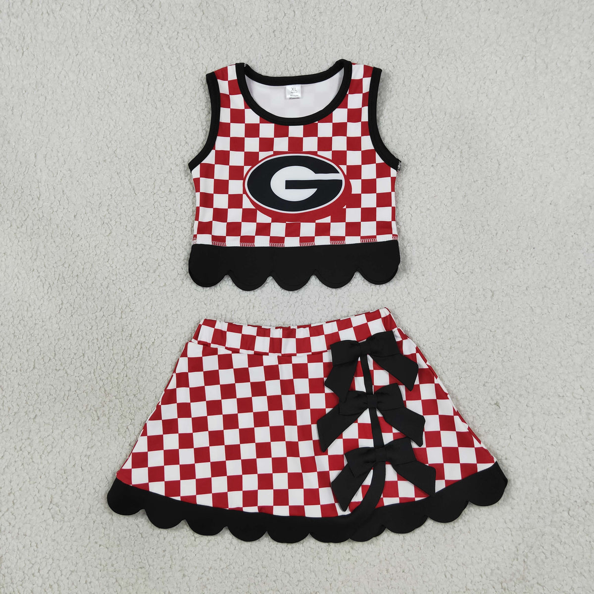 RTS NO MOQ yoga fabric GSD4287 Yoga Baby Girls Checked Top Bows Skirt Short Scallop Team Set