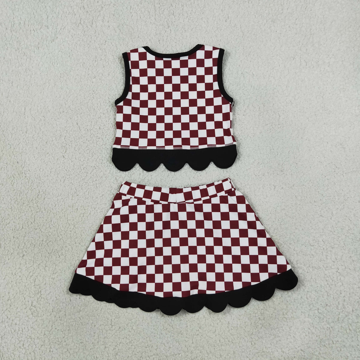 RTS NO MOQ （In stock） yoga fabric GSD4288 Yoga Baby Girls Maroon Checked Top Bows Skirt Short Scallop Team Set