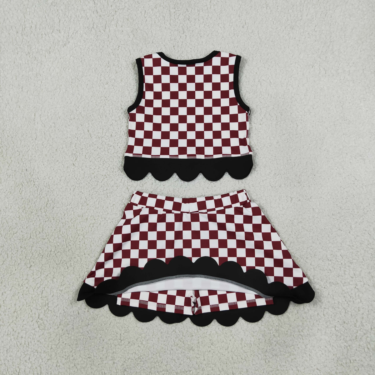 RTS NO MOQ （In stock） yoga fabric GSD4288 Yoga Baby Girls Maroon Checked Top Bows Skirt Short Scallop Team Set