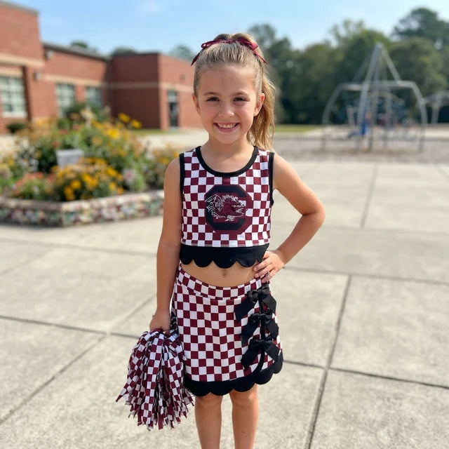 RTS NO MOQ （In stock） yoga fabric GSD4288 Yoga Baby Girls Maroon Checked Top Bows Skirt Short Scallop Team Set