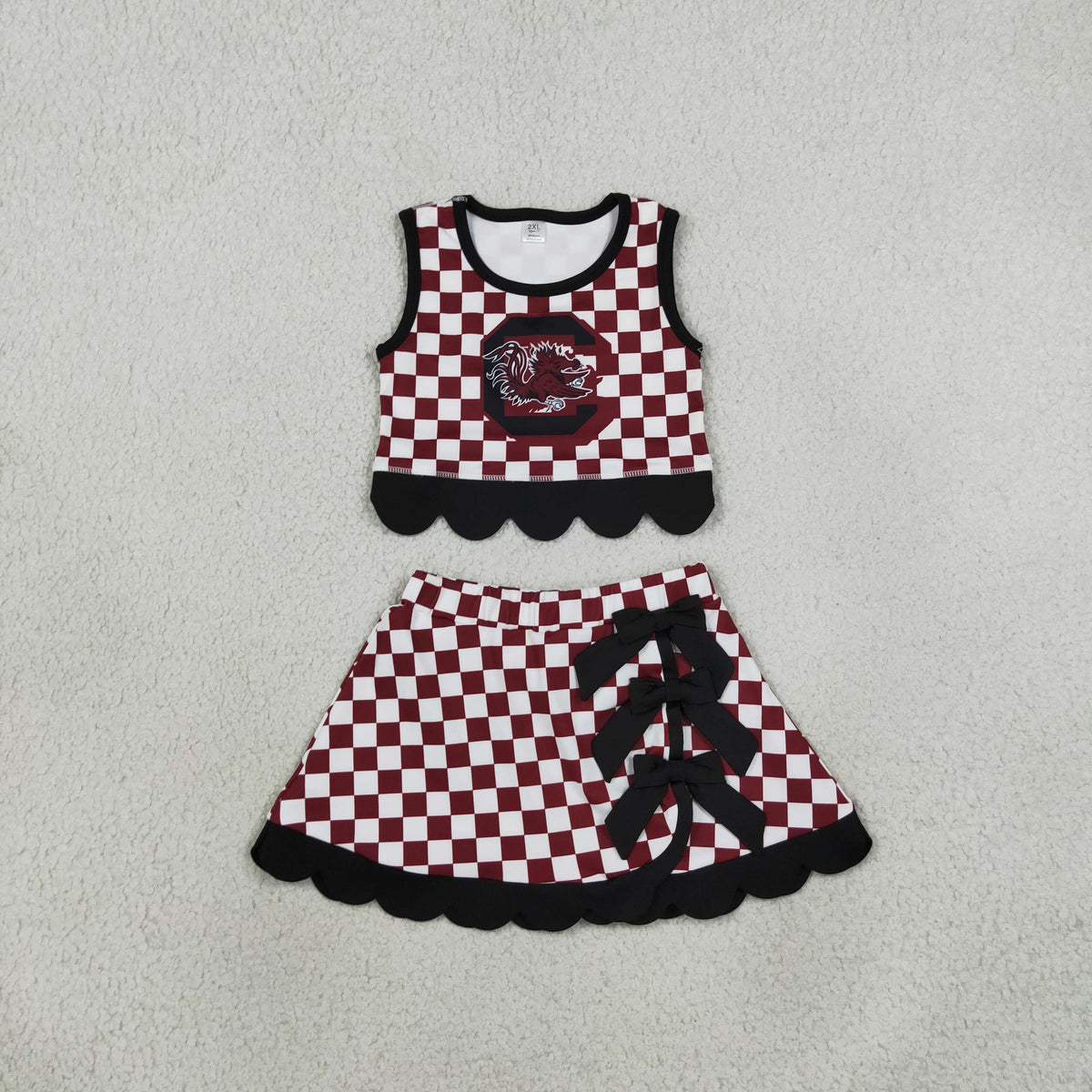 RTS NO MOQ （In stock） yoga fabric GSD4288 Yoga Baby Girls Maroon Checked Top Bows Skirt Short Scallop Team Set