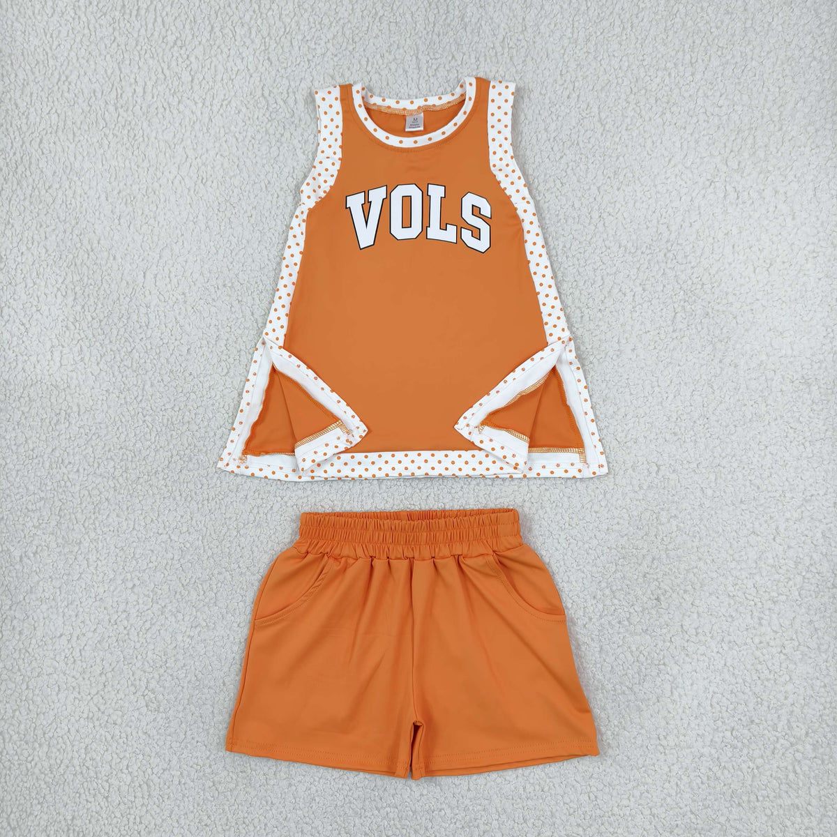 RTS NO MOQ （In stock）yoga fabric GSSO3852(GSD4292+SS0980)  Yoga Baby Girls Orange Polka Dots Vols Split Tunic Short Yoga Active Team Clothes Sets