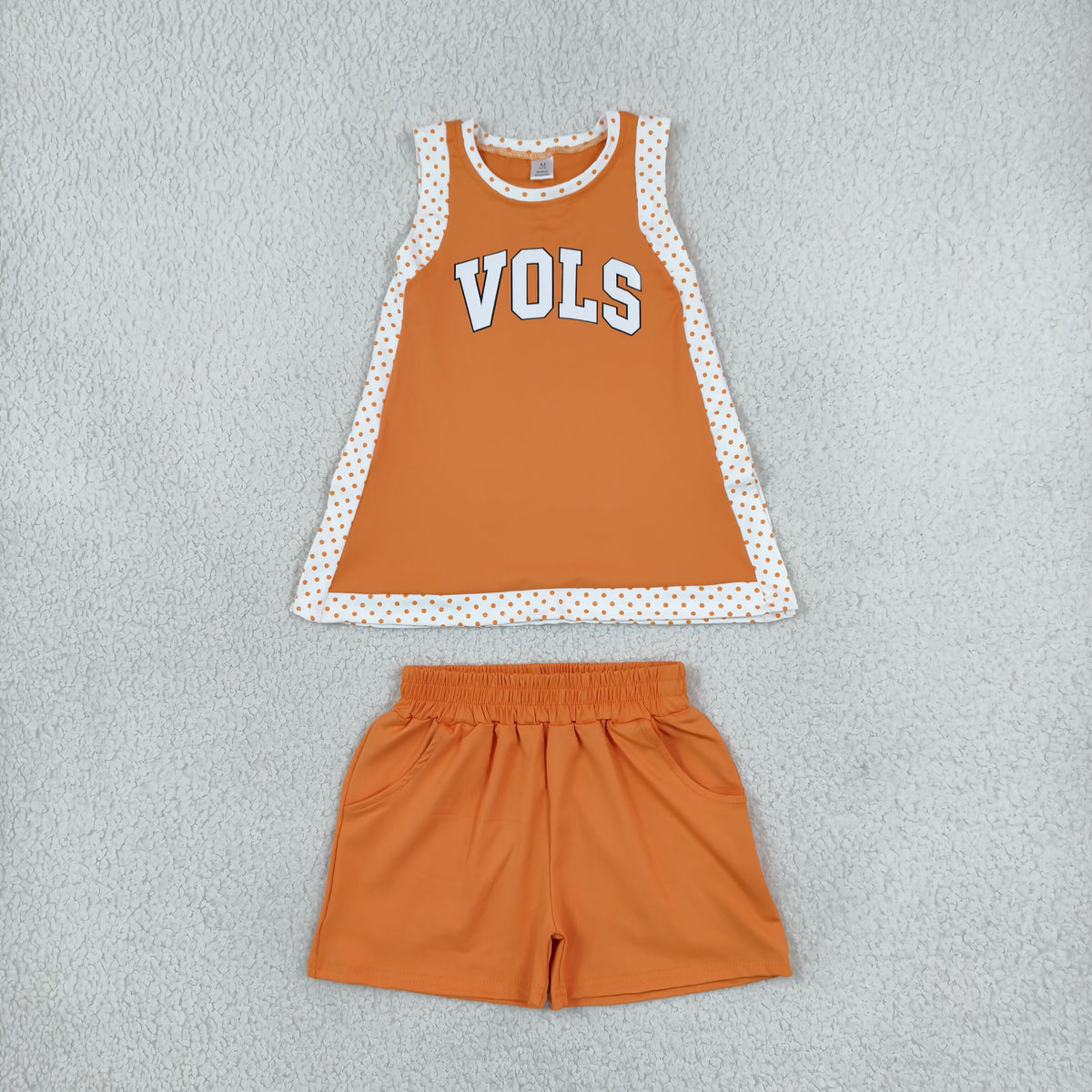 RTS NO MOQ （In stock）yoga fabric GSSO3852(GSD4292+SS0980)  Yoga Baby Girls Orange Polka Dots Vols Split Tunic Short Yoga Active Team Clothes Sets