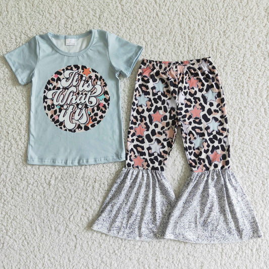 3.21 GSPO0002 RTS No Moq Clearance Baby Girls Summer short sleeve leopard bell pants sets