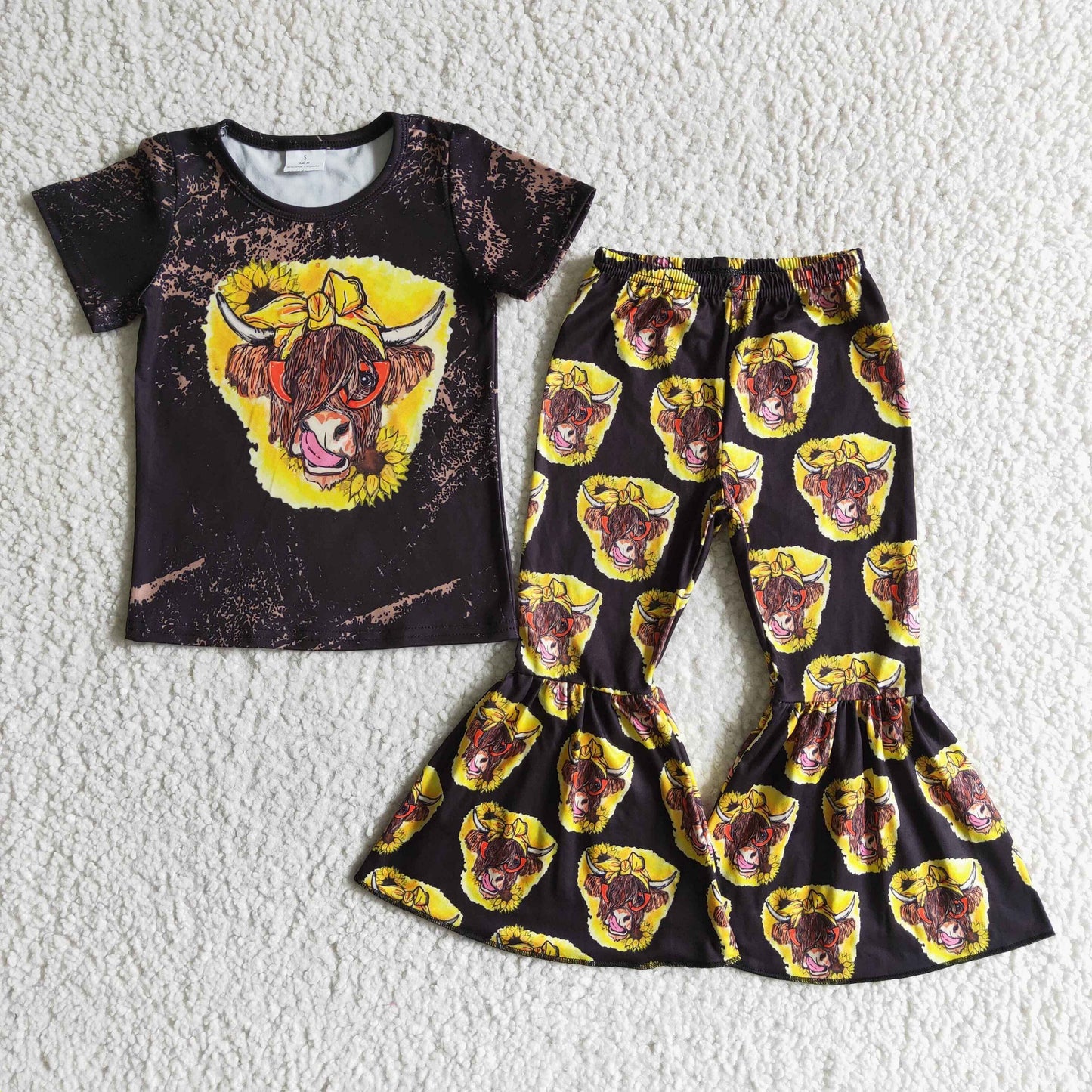 3.21 GSPO0010 RTS No Moq Clearance Baby Girls Summer short sleeve sunflower cow bell pants clothing sets