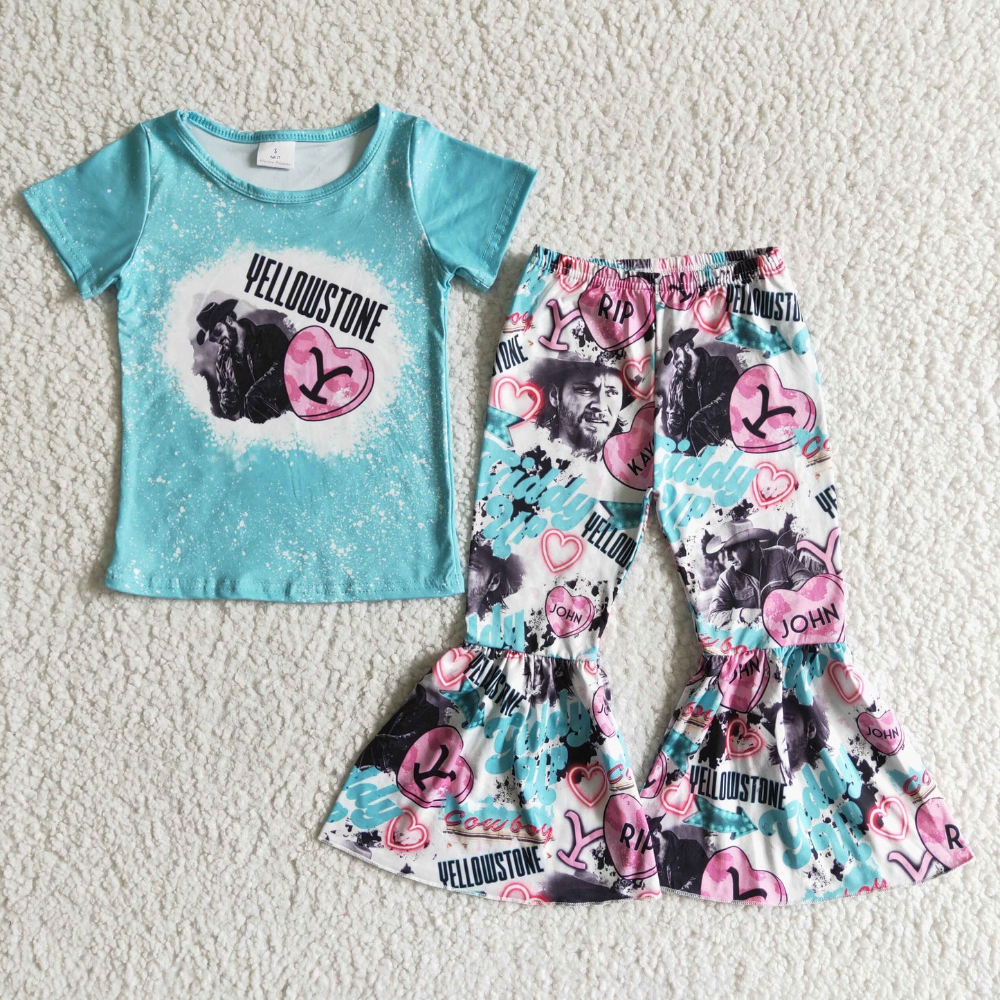 3.21 GSPO0016 RTS No Moq Clearance Baby Girls Summer short sleeve blue top bell pants sets