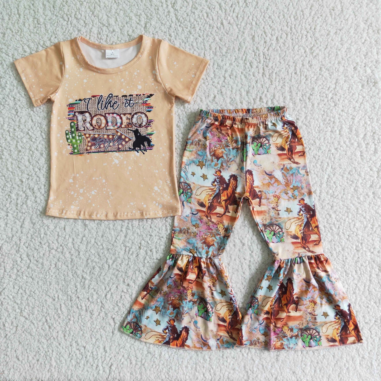 3.7 GSPO0022 RTS No Moq Clearance Baby Girls Summer rodeo western bell pants sets
