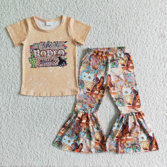 3.7 GSPO0022 RTS No Moq Clearance Baby Girls Summer rodeo western bell pants sets