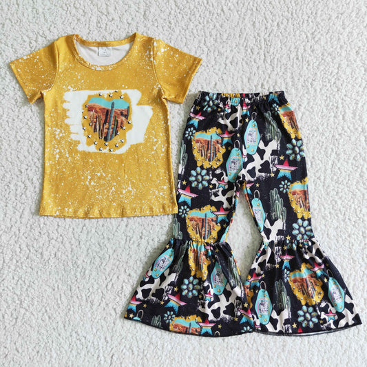 3.21 GSPO0025 RTS No Moq Clearance Baby Girls Summer short sleeve Yellow cactus bell pants clothing sets