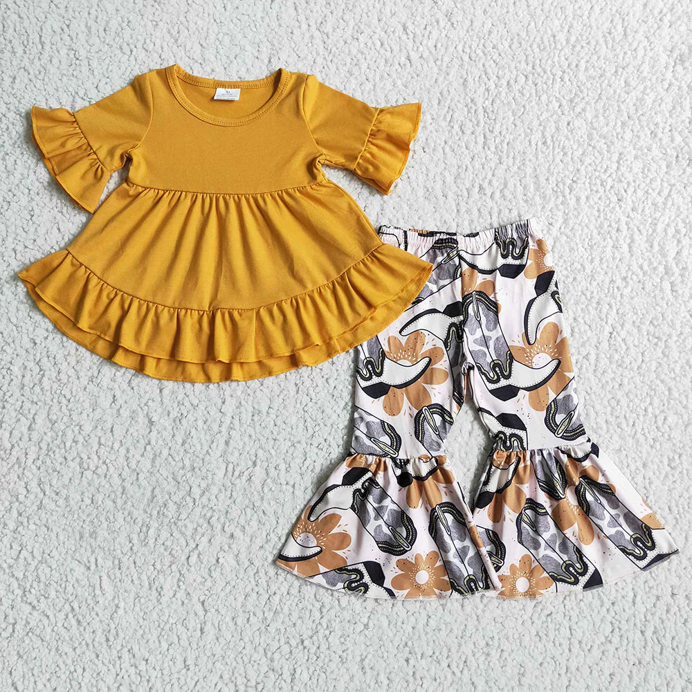 12.22 RTS Sibling Baby Girls Short Ruffle Sleeve Ruffle Tunic Farm Western Bell Bottom Pants Clothes Sets