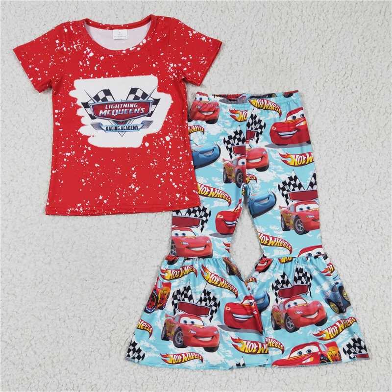 4.26 RTS NO MOQ Girls Red Car Bleached Shirt And Bell Bottom Pants Clothing Set Cute Retro Style Outfit for Kids