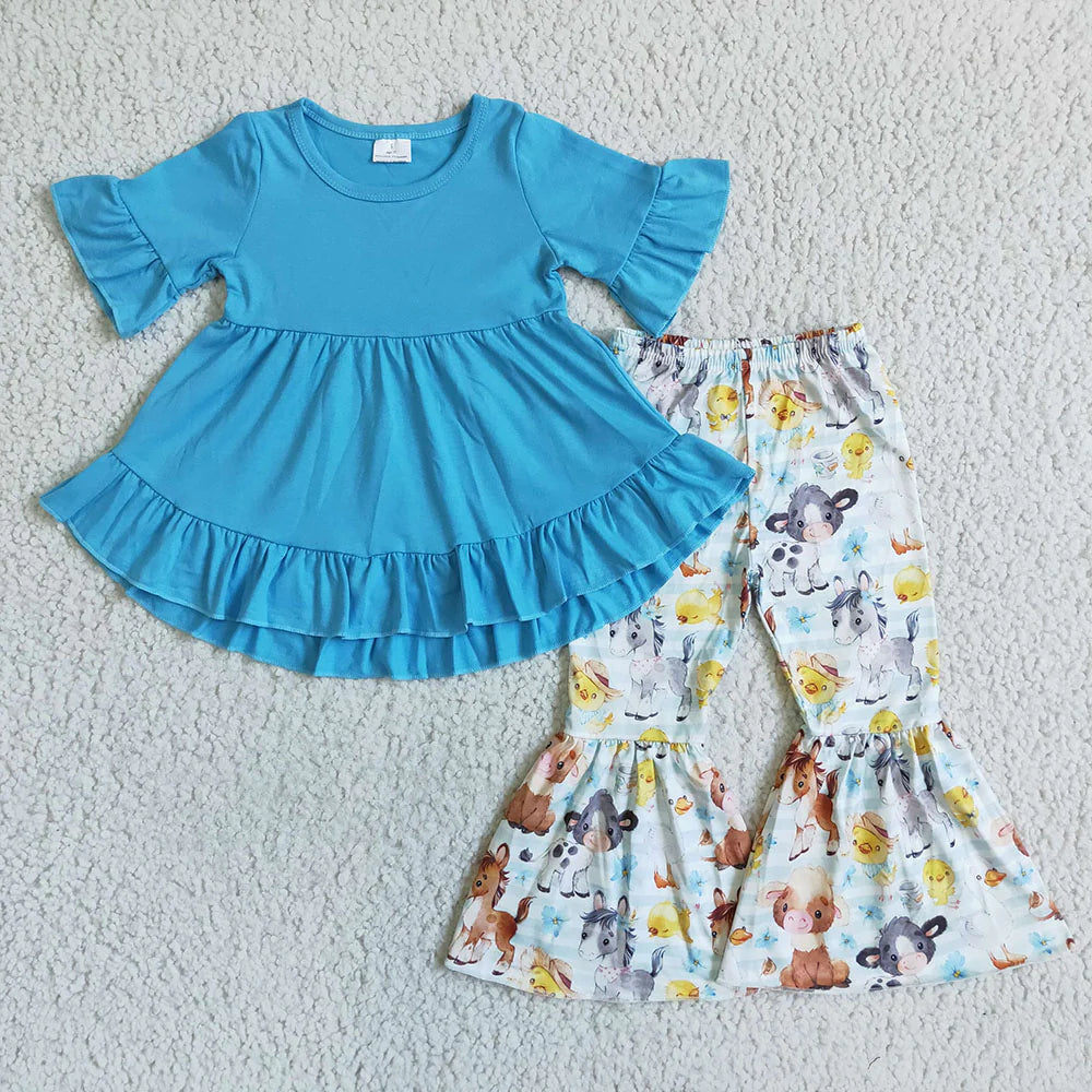 12.22 RTS Sibling Baby Girls Short Ruffle Sleeve Ruffle Tunic Farm Western Bell Bottom Pants Clothes Sets