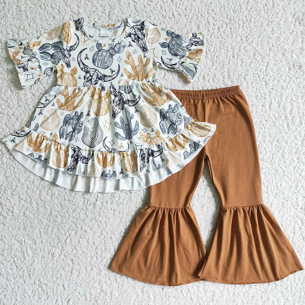 12.22 RTS Sibling Baby Girls Short Ruffle Sleeve Ruffle Tunic Farm Western Bell Bottom Pants Clothes Sets
