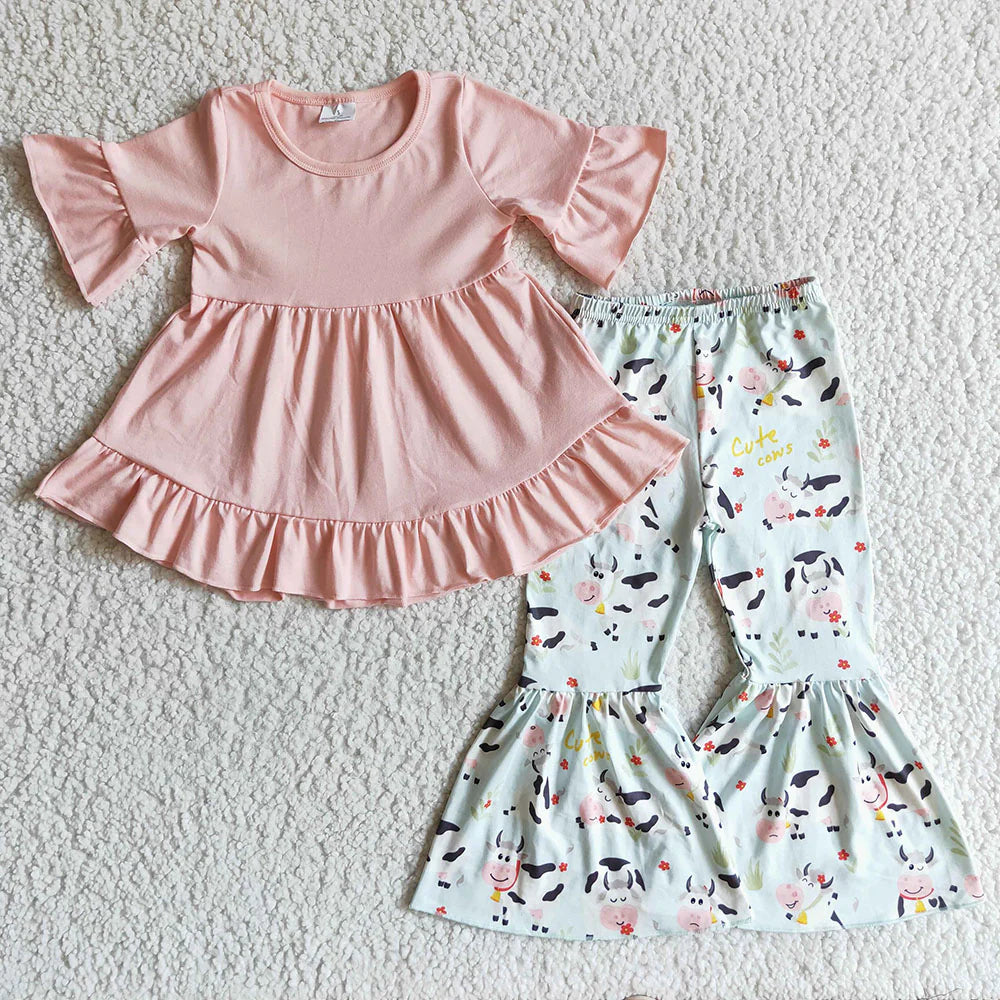 12.22 RTS Sibling Baby Girls Short Ruffle Sleeve Ruffle Tunic Farm Western Bell Bottom Pants Clothes Sets